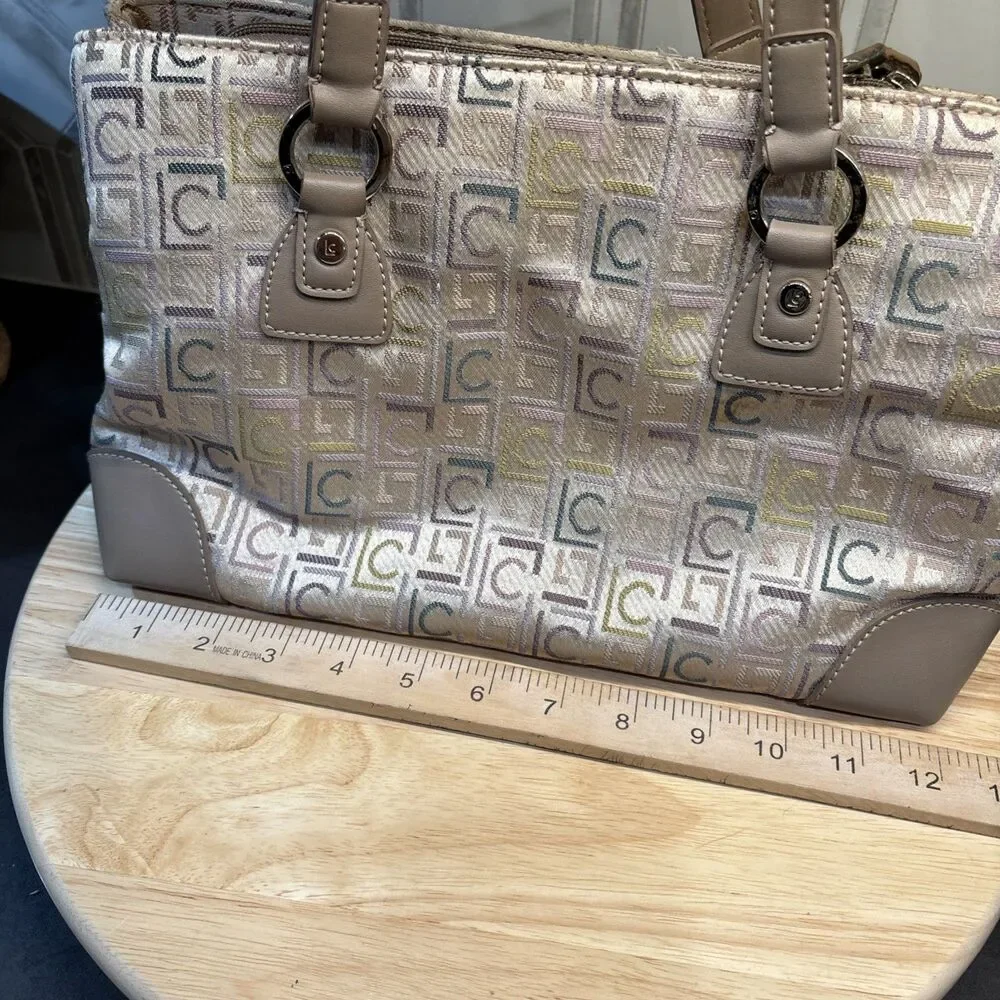 Vintage Liz Claiborne Handbag Beige Silver Two Handle Monogram Satchel Y2K